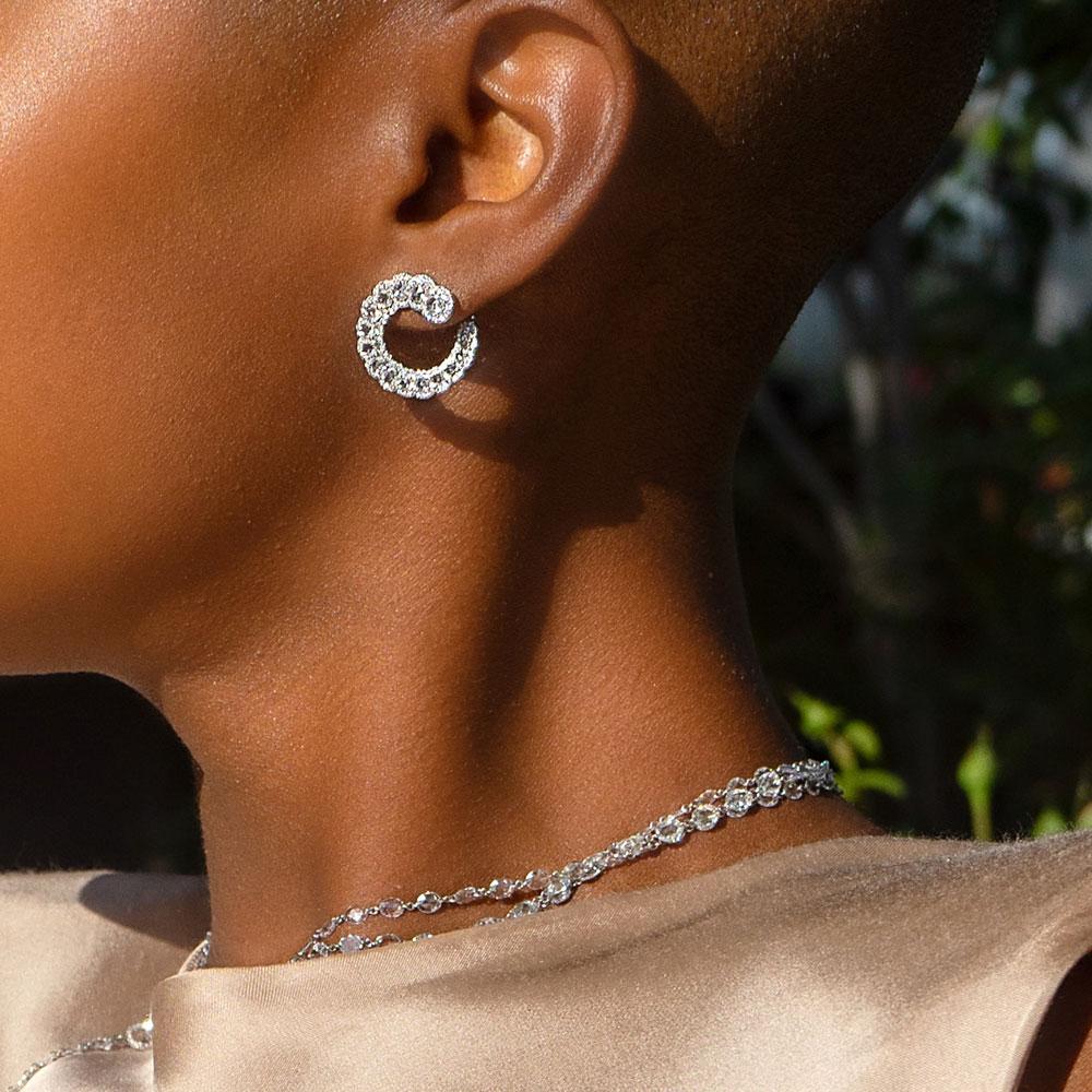 Image of 64facets Scallop Diamond Spiral Hoop Earrings with rose cut diamonds and 18k gold