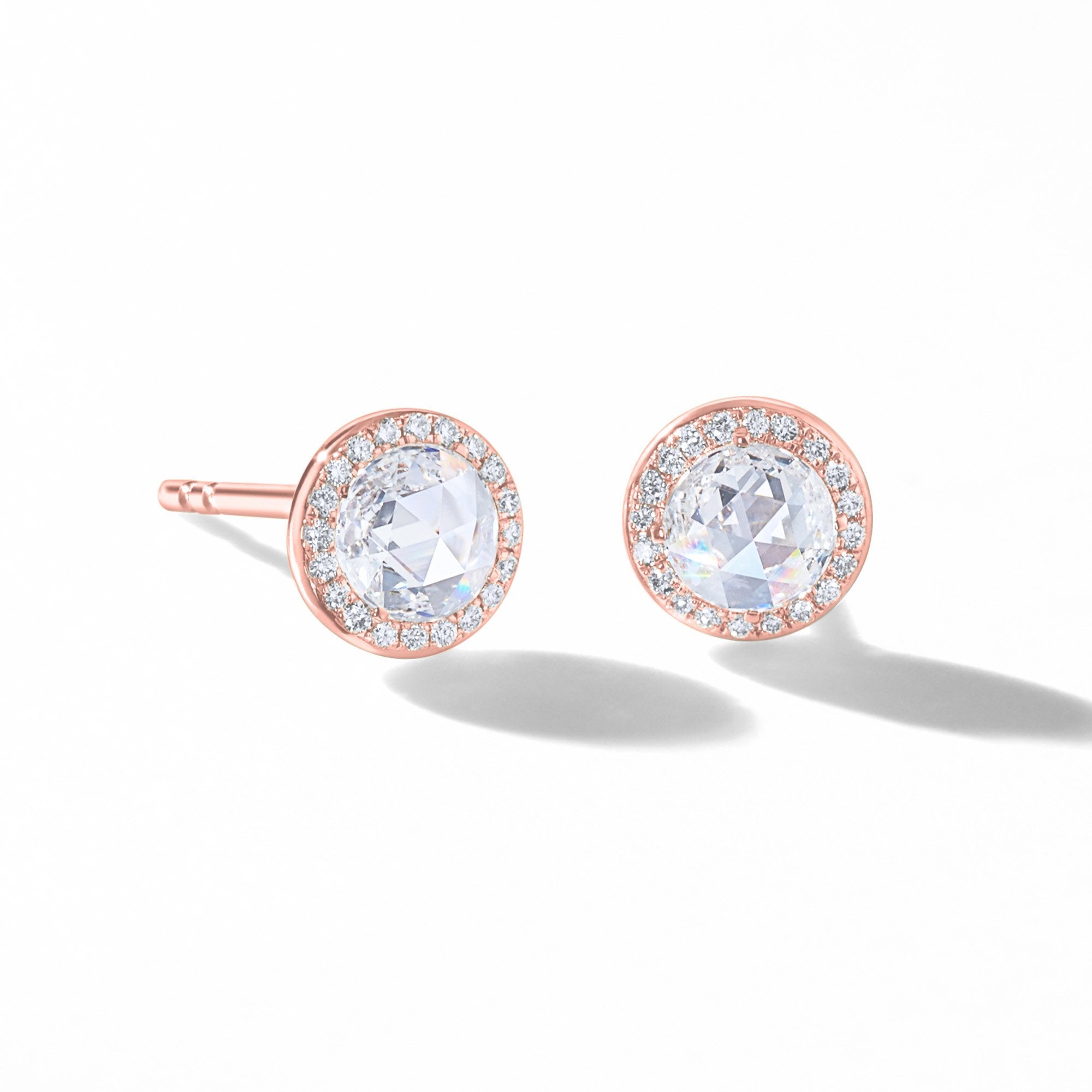 Image of 64Facets Rose Cut Dimaond Stud Earrings in 18K Rose Gold with Pave Accents
