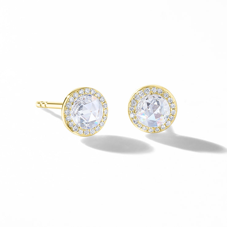 64Facets Rose Cut Dimaond Stud Earrings in 18K Yellow Gold with Pave Accents
