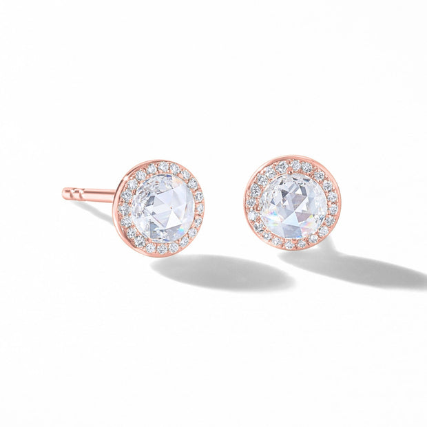64Facets Rose Cut Dimaond Stud Earrings in 18K Rose Gold with Pave Accents