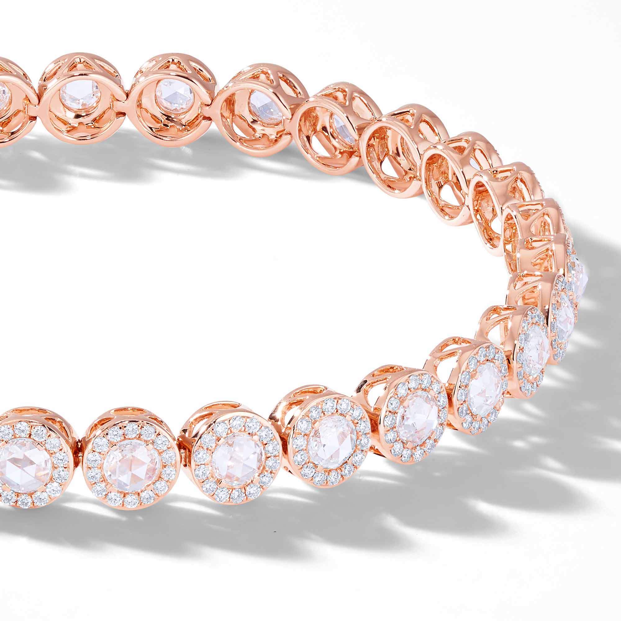 Image of Scallop rose cut diamond tennis bracelet with small brilliant cut diamonds in a pave setting by 64Facets. 18K Gold.