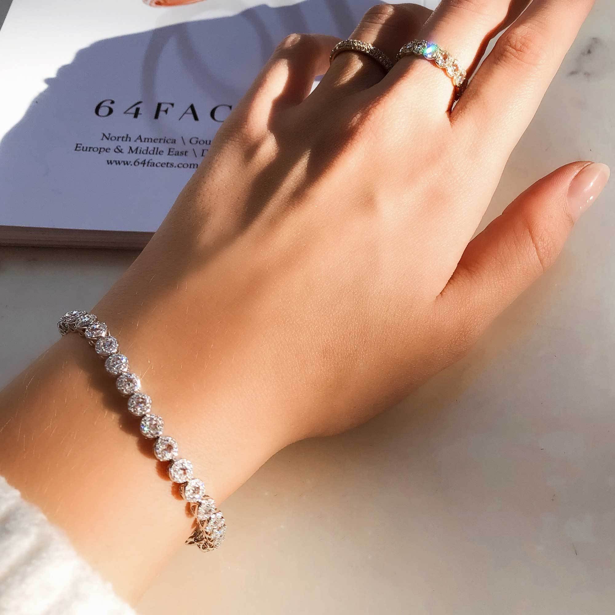 Image of Scallop rose cut diamond tennis bracelet with small brilliant cut diamonds in a pave setting by 64Facets. 18K Gold.