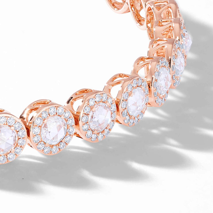 Scallop rose cut diamond tennis bracelet with small brilliant cut diamonds in a pave setting by 64Facets. 18K Rose Gold