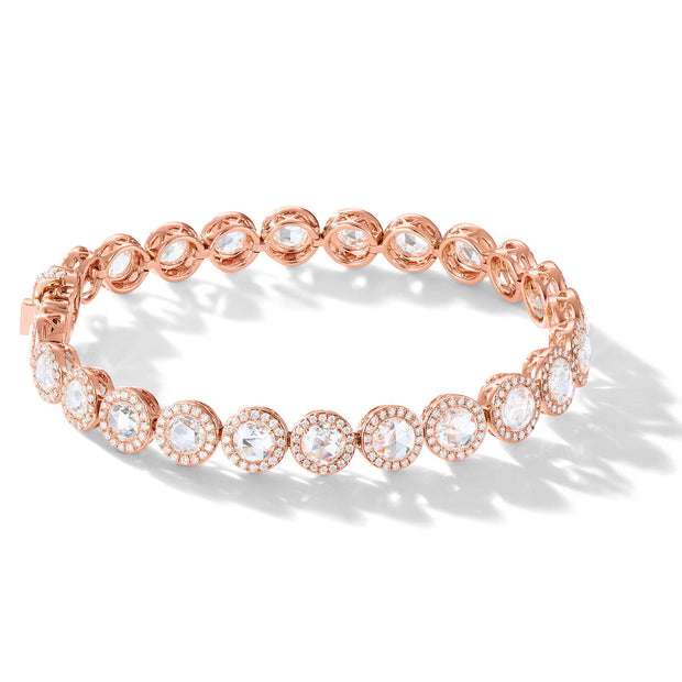 64facets rose cut diamond tennis bracelet in 18k gold with pave diamond accents