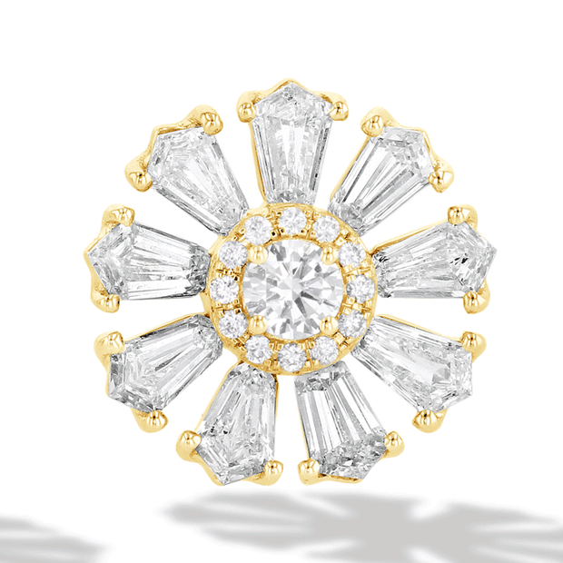 64Facets Sunflower Diamond Stud Earrings with Step Cut Diamonds and Brilliant Cut Diamonds in 18K Gold