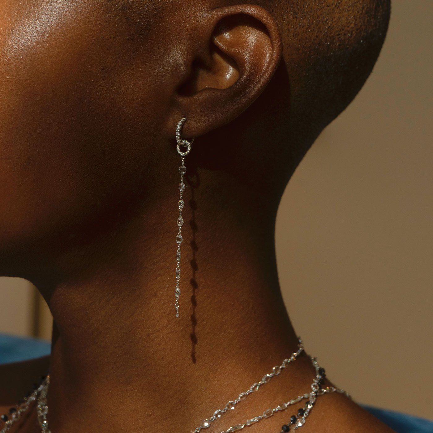 Image of 64Facets thin rose cut diamond single drop tassel earring