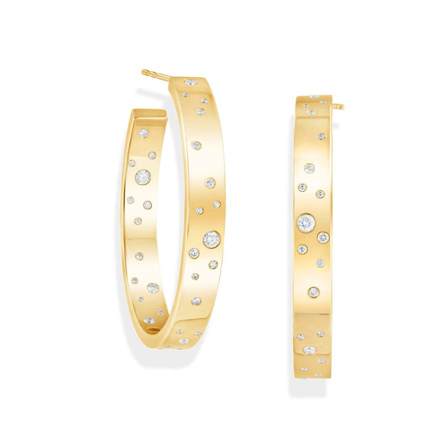 64Facets gold and diamond hoop earrings with rose cut diamonds and 18k gold