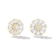 64Facets Sunflower Diamond Stud Earrings with Step Cut Diamonds and Brilliant Cut Diamonds in 18K Gold