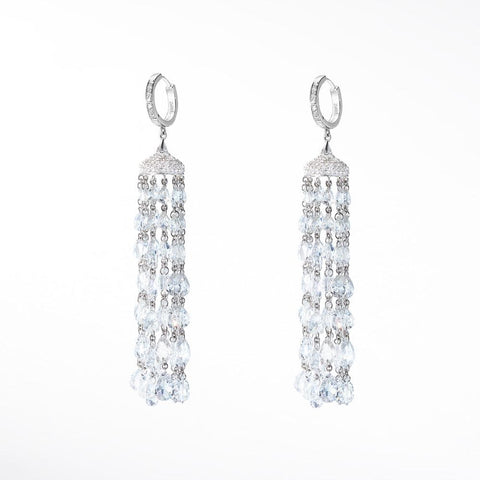 Ethereal Diamond Tassel Earrings. Round Rose Cut Diamonds, individually hand-drilled and bound together with platinum claps. Pave Diamond roof and ear clasp. 