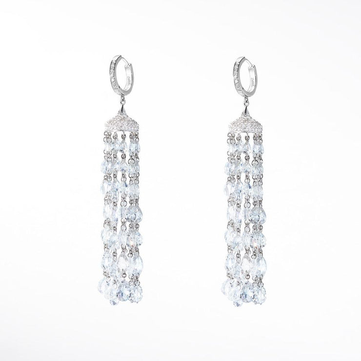 Ethereal Diamond Tassel Earrings. Round Rose Cut Diamonds, individually hand-drilled and bound together with platinum claps. Pave Diamond roof and ear clasp. 