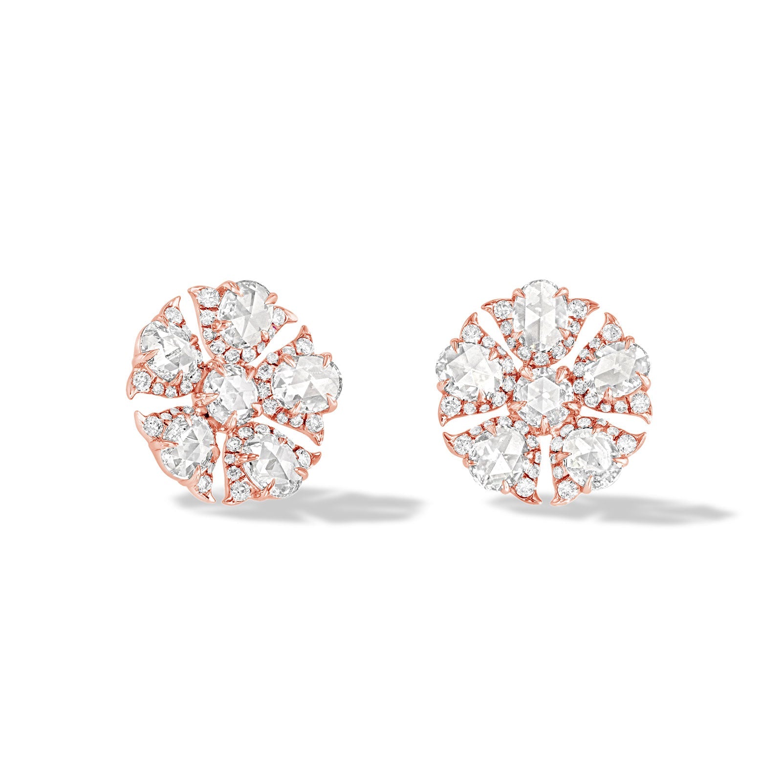 Image of 64facets rose cut diamond stud earrings in the shape of tulip flowers and set in 18k gold