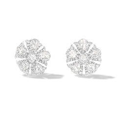 Image of 64facets rose cut diamond stud earrings in the shape of tulip flowers and set in 18k gold