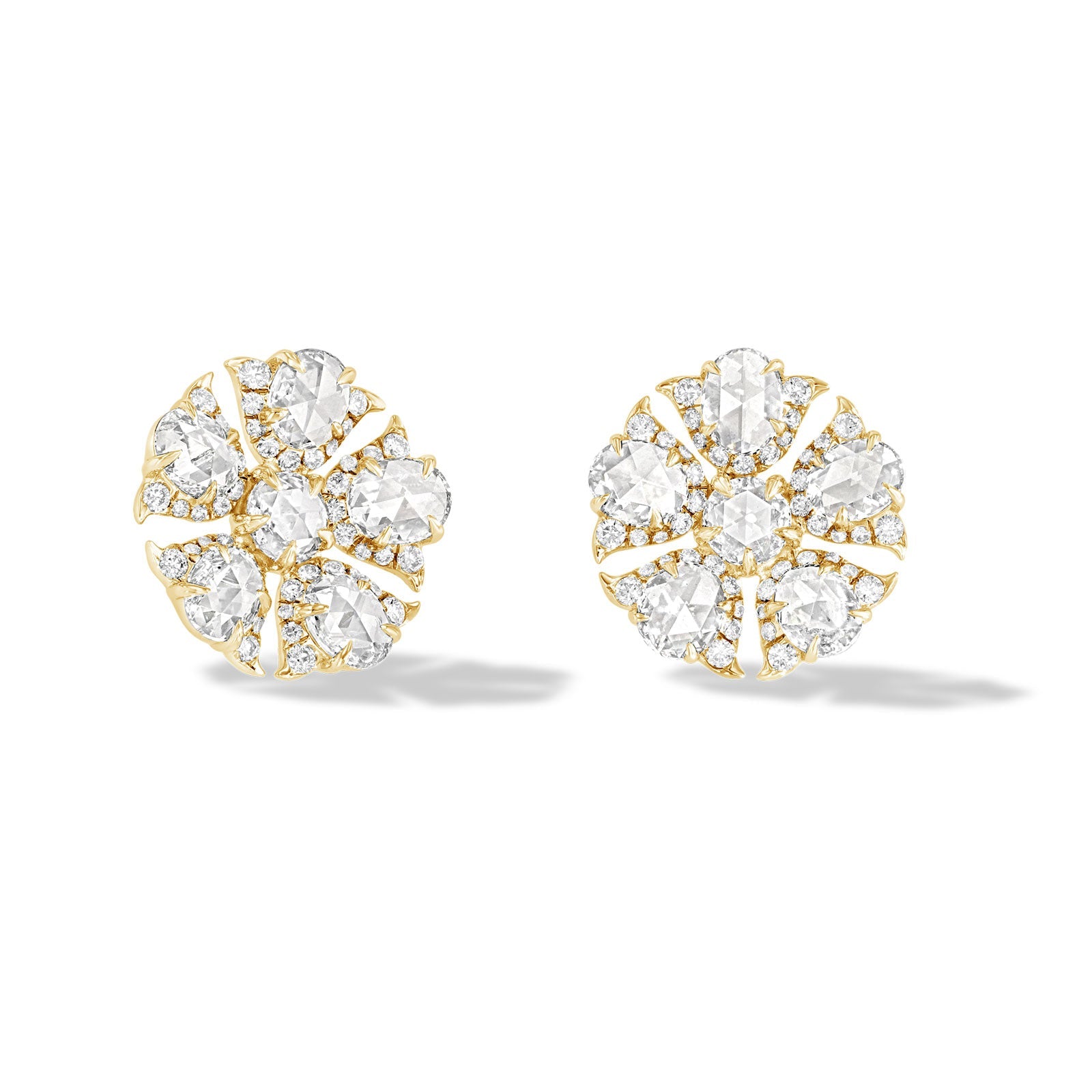 Image of 64facets rose cut diamond stud earrings in the shape of tulip flowers and set in 18k gold
