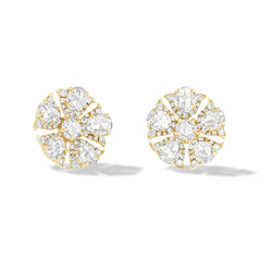 Image of 64facets rose cut diamond stud earrings in the shape of tulip flowers and set in 18k gold